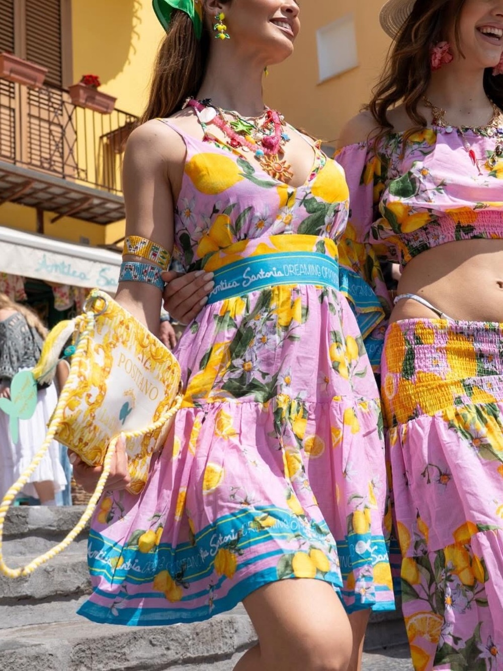 Antica Sartoria Floral Lemon Print Sundress with Blue Waist Band